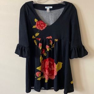 OB2-12 Black Sweater Tunic/Dress with Floral Print
